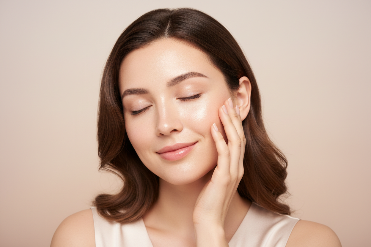 a women put her palm on her face with with her glowing face